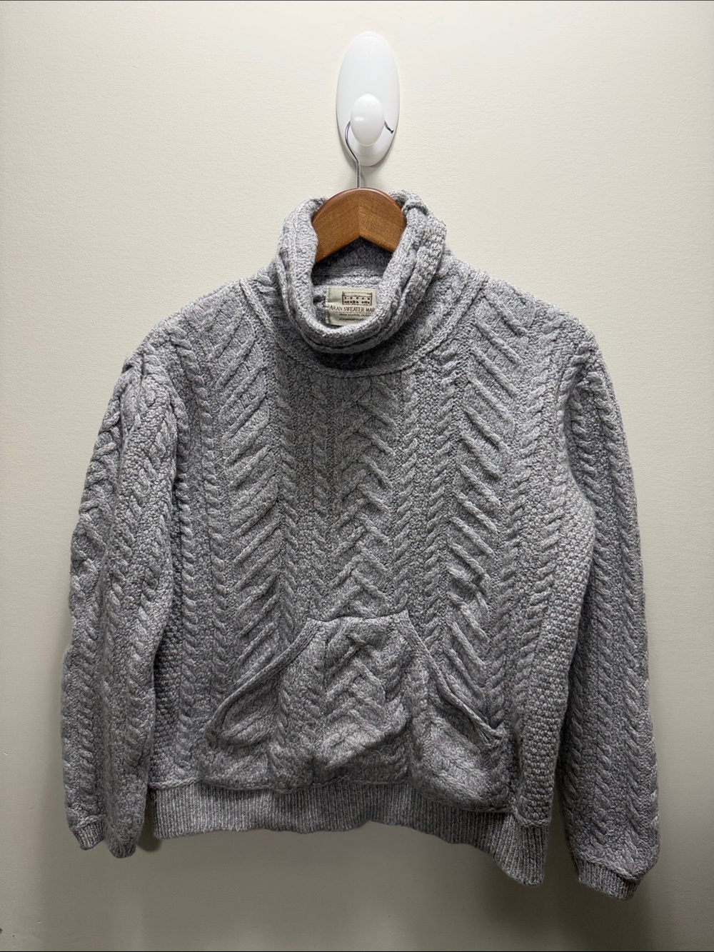 Aran Sweater Market Cable Knit Grey Turtleneck Sweater Wool Size L Asian 22.5x